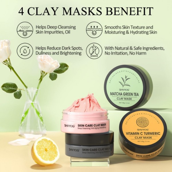 SHVYOG 4Pcs Face Mask Set - Turmeric Clay Mask, Vitamin C, Green Tea, Rose, Dead Sea Mud Mask, Skin Care Mask for Deep Cleansing, Refining Pores, Valentine's Day Gifts for Women- 240g