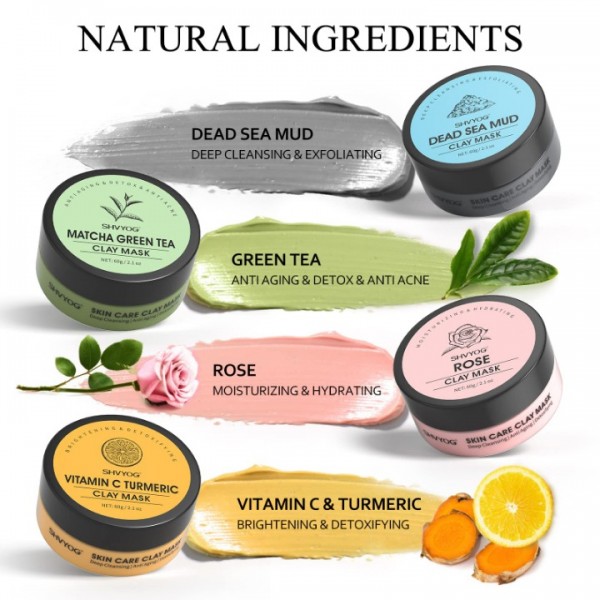 SHVYOG 4Pcs Face Mask Set - Turmeric Clay Mask, Vitamin C, Green Tea, Rose, Dead Sea Mud Mask, Skin Care Mask for Deep Cleansing, Refining Pores, Valentine's Day Gifts for Women- 240g